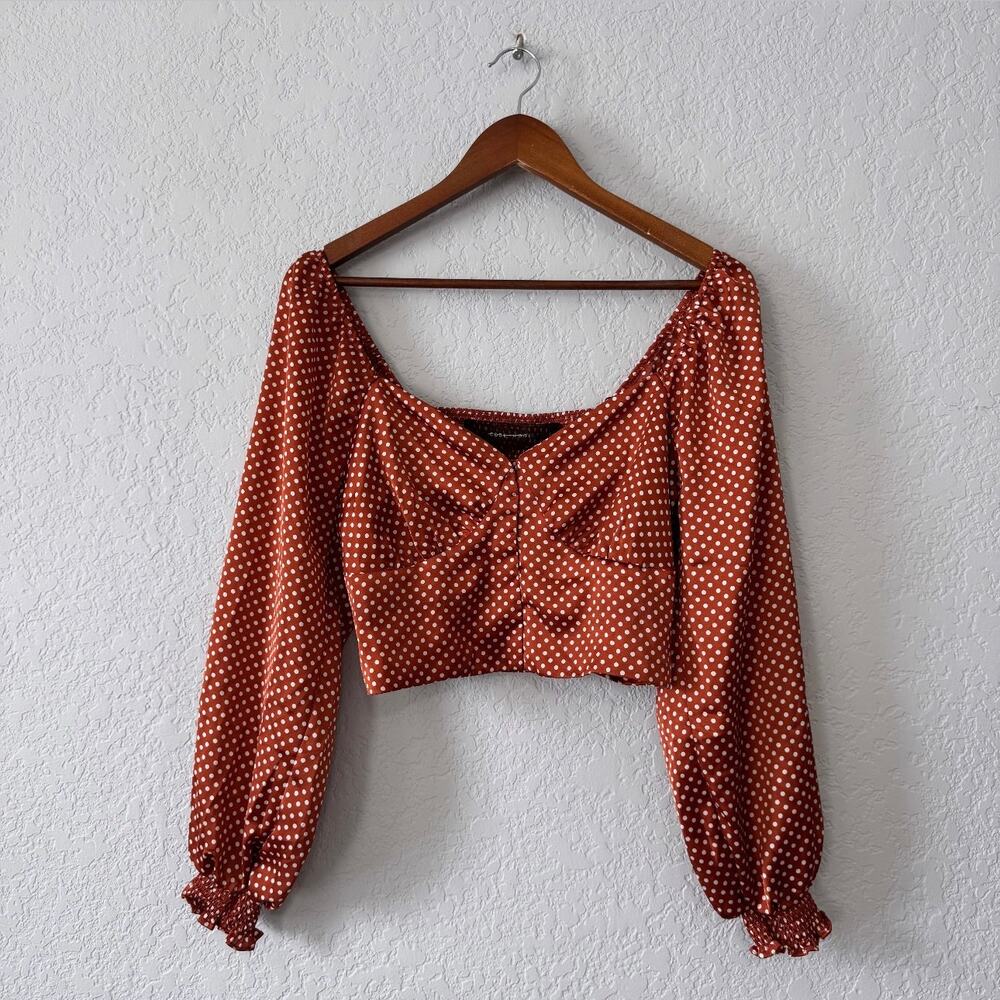 code x mode red and white polka dot cropped long puff sleeve top size medium